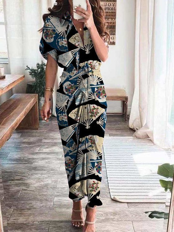 Autumn new short sleeved temperament commuting high waisted printed long dress