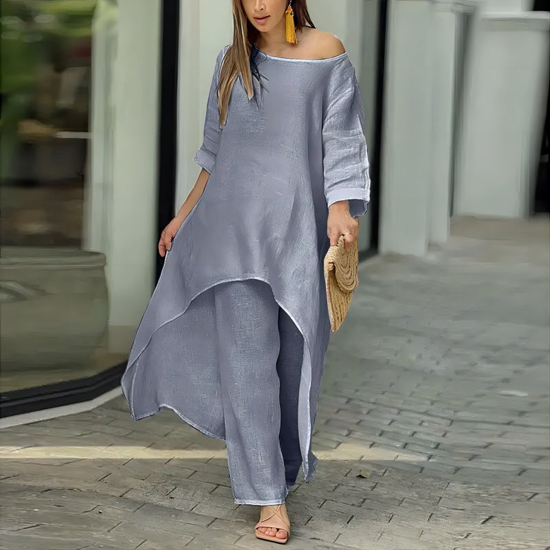Cotton Linen Long Sleeve Irregular Hem Loose Fit Women's Two-Piece Set Top &amp; Wide-Leg Pants