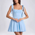 Square collar high waisted pleated patchwork bow suspender dress