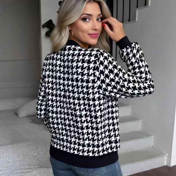 Thousand Bird Grid Jacket Short Coat Long Sleeve Baseball Jacket