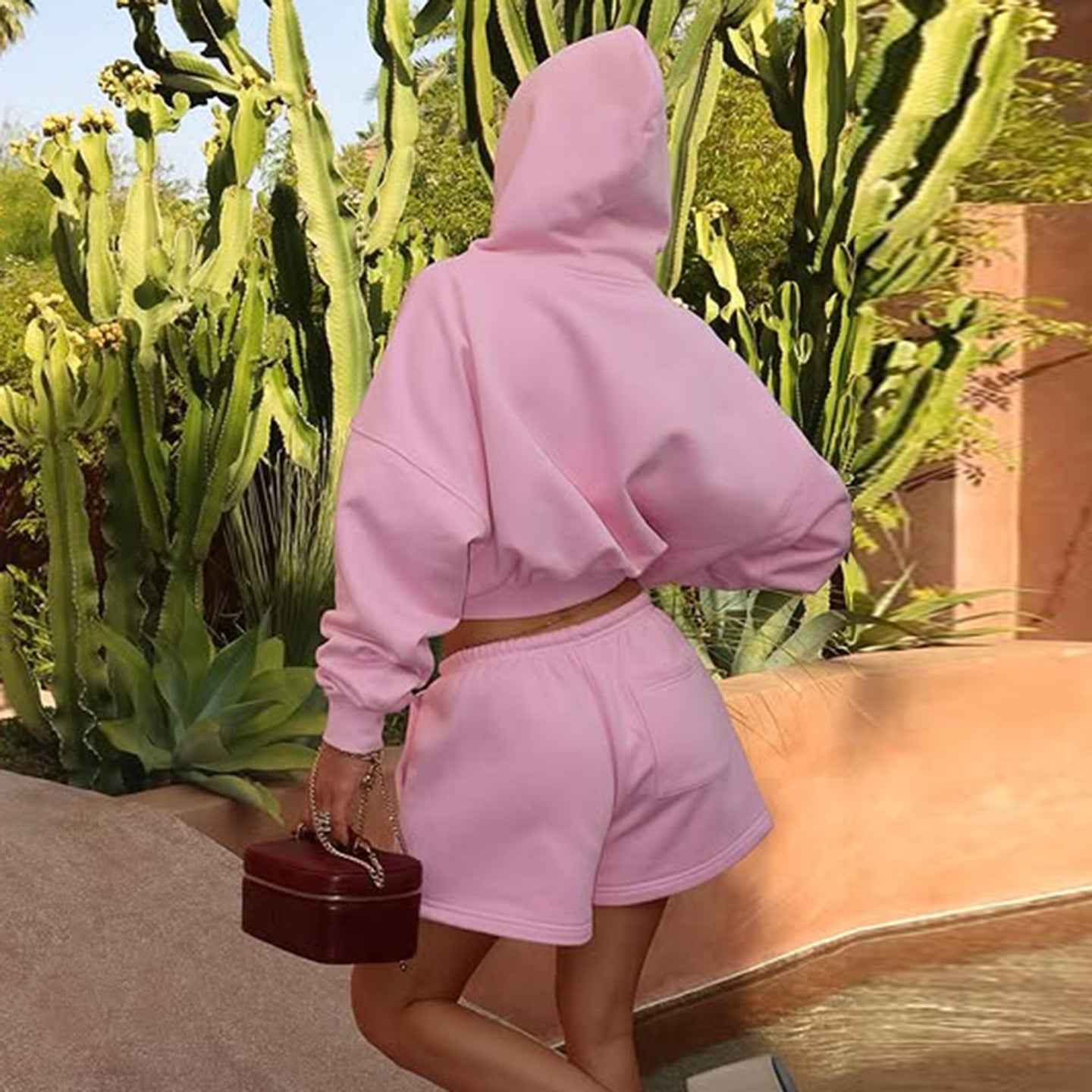 Hoodie Two-Piece Set with Waist-Cinching Crop Hooded Jacket and Drawstring Loose Shorts