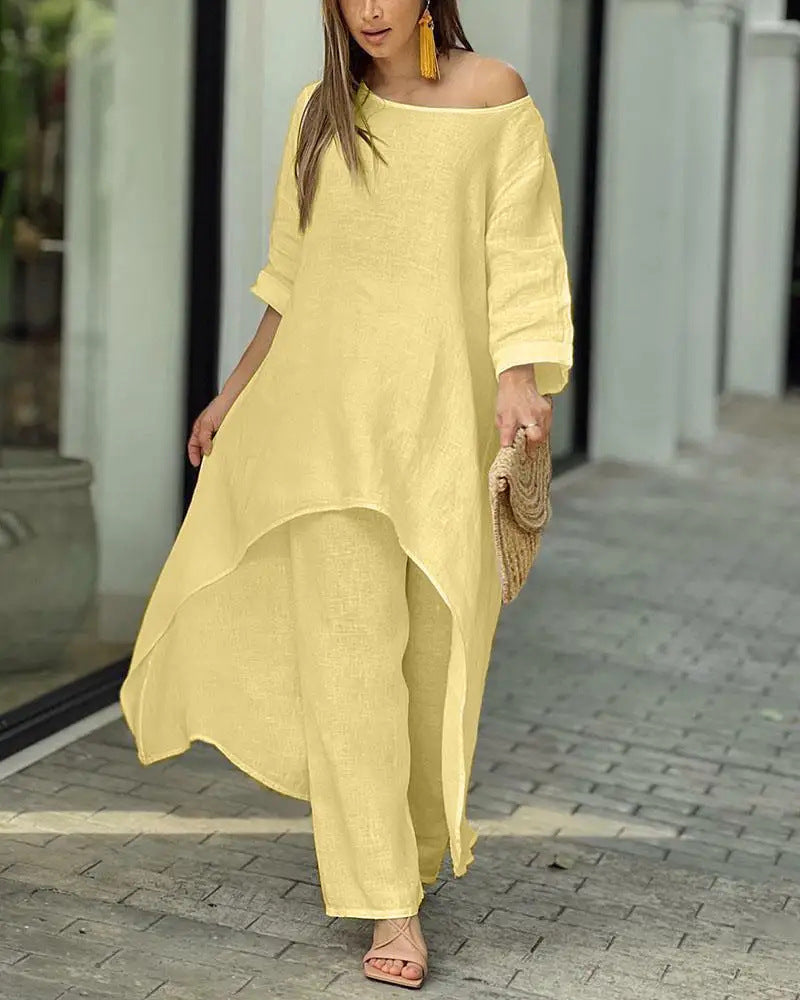 Cotton Linen Long Sleeve Irregular Hem Loose Fit Women's Two-Piece Set Top &amp; Wide-Leg Pants