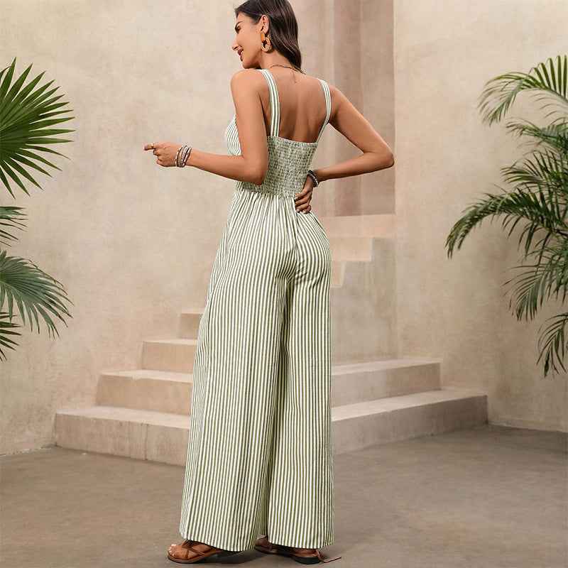 Striped Hollow-Out Knotted Backless Jumpsuit