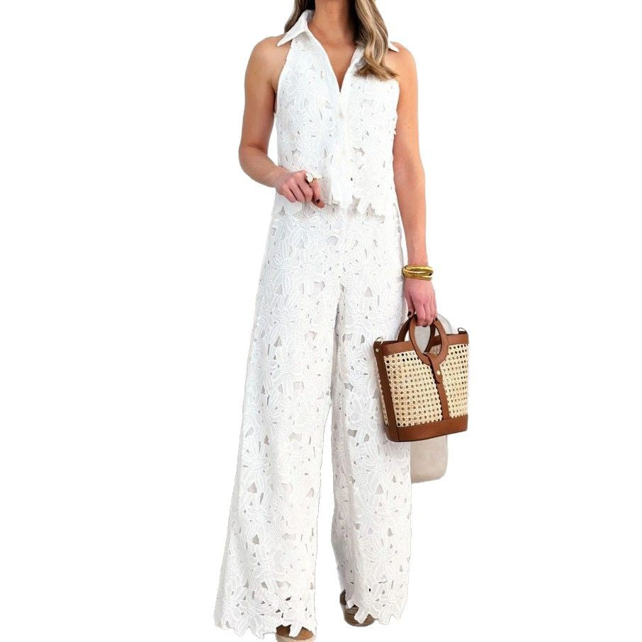 Summer Embroidered Hollow-out V-neck Top + Wide-leg Straight Long Pants Set