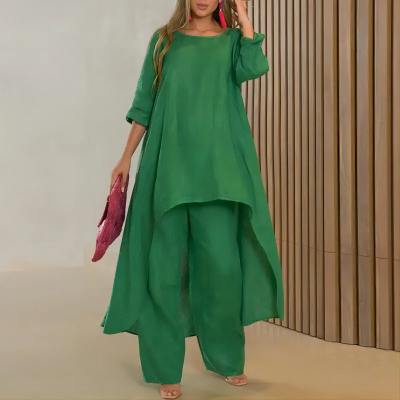 Cotton Linen Long Sleeve Irregular Hem Loose Fit Women's Two-Piece Set Top &amp; Wide-Leg Pants
