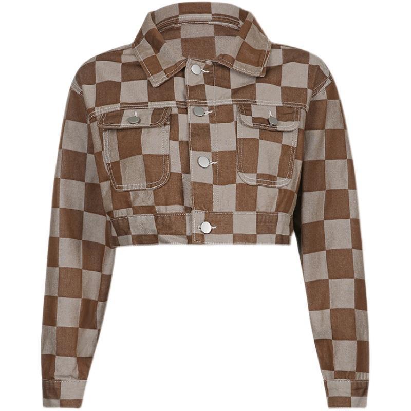 Vintage Brown Plaid Print Short Denim Jacket Women Korean Style Button Loose Jeans Coat Autumn Harajuku Outerwear 90s Iamhotty eprolo