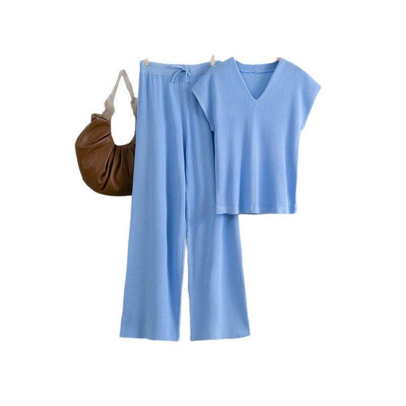 Sleeveless V-neck Knit Top Set Women's Pants Two-piece Set