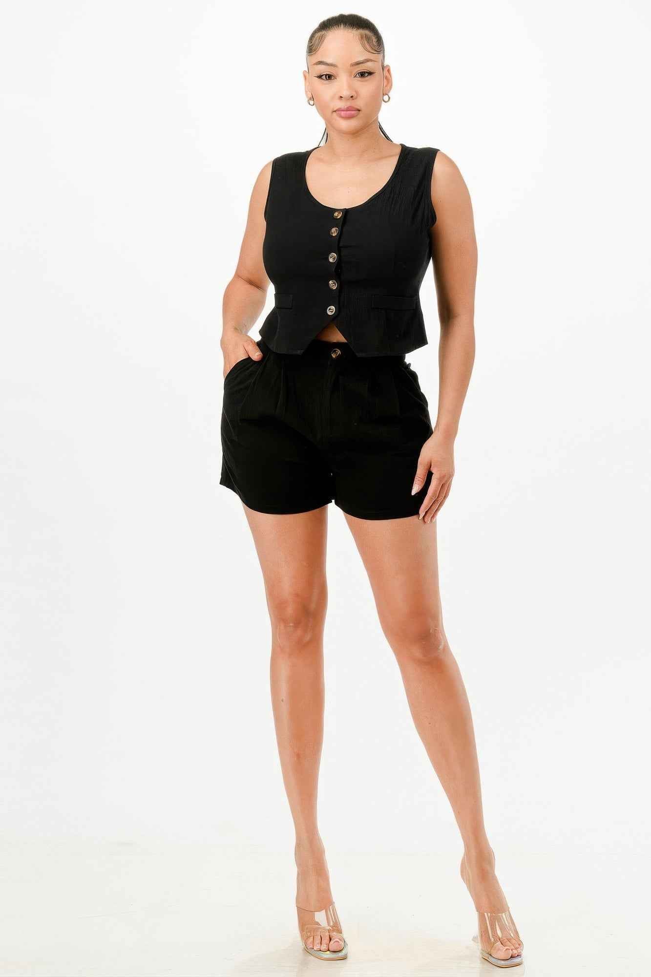 Casual Cropped Vest And Short Set