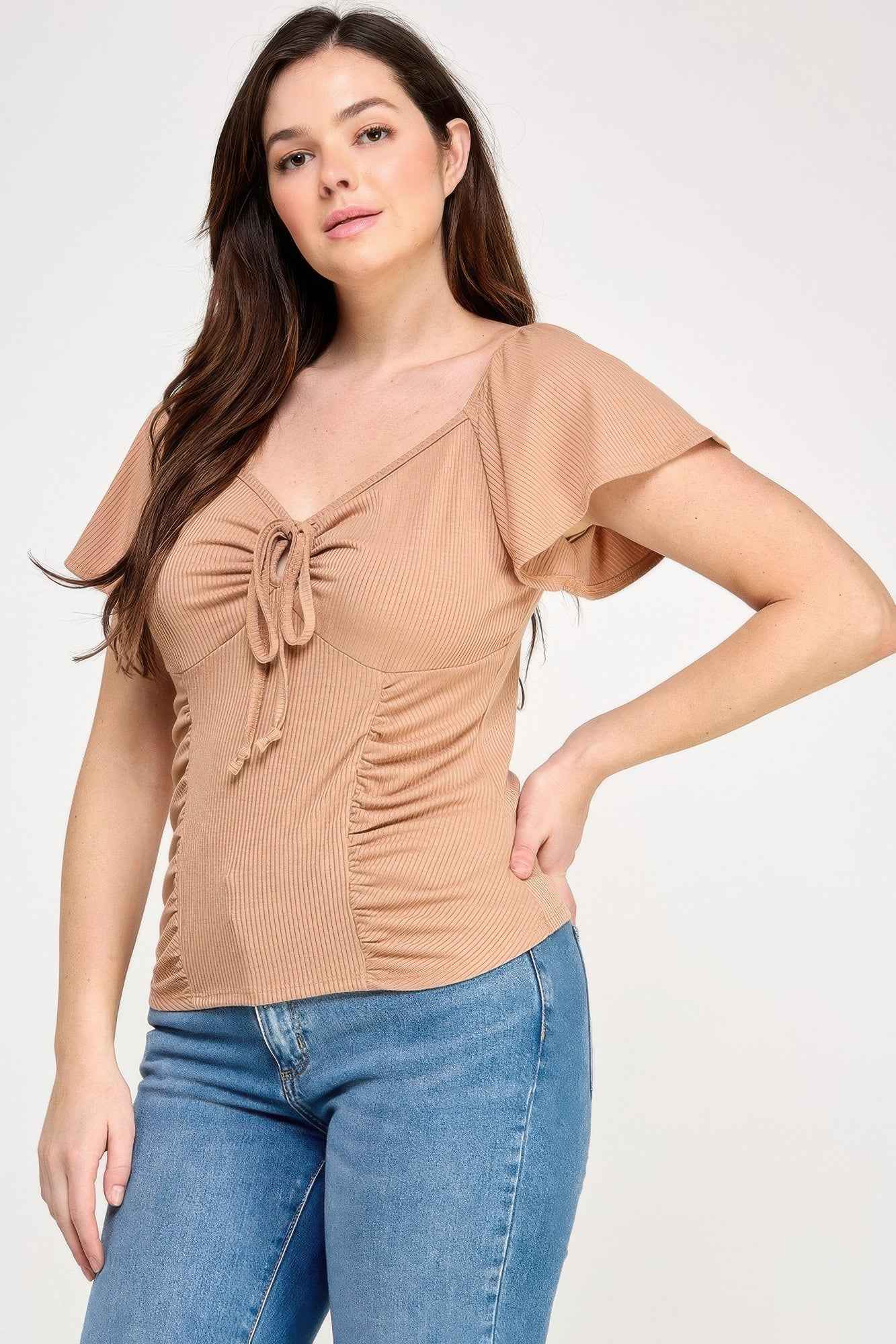 Plus Size Flare Ss V-neck Knit Rib Top
