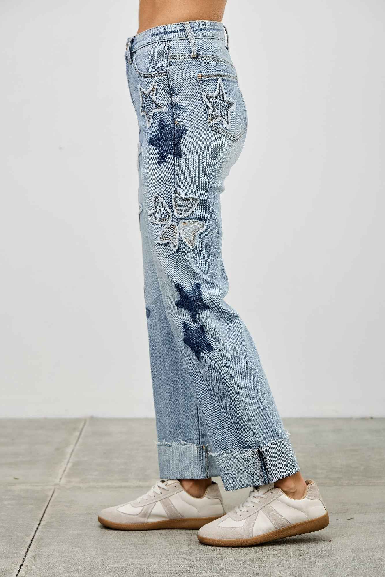 High Rise Star & Heart Patched Dad Jean W/stretch