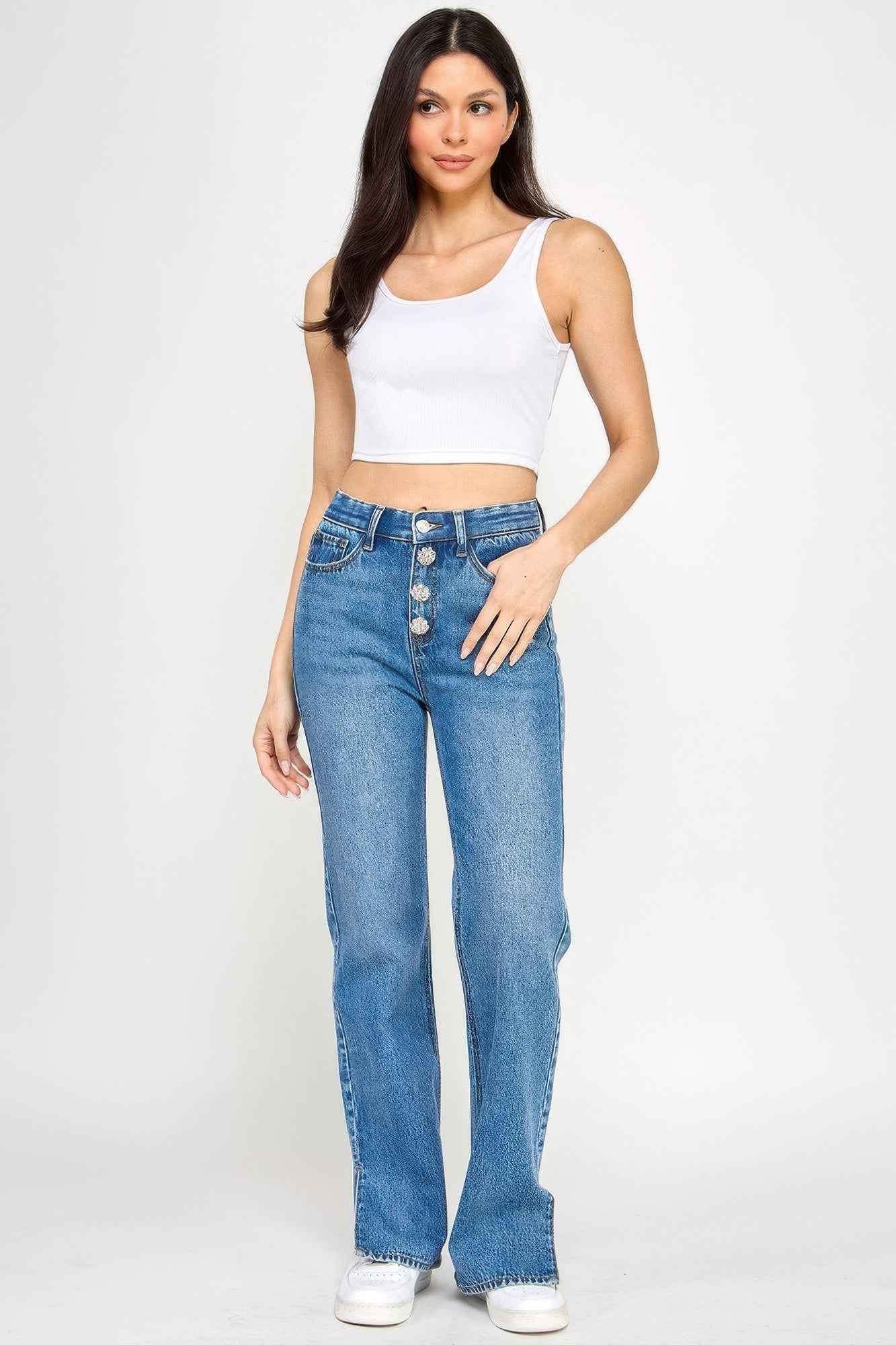 Plus High Rise Straight With Jewel Buttons