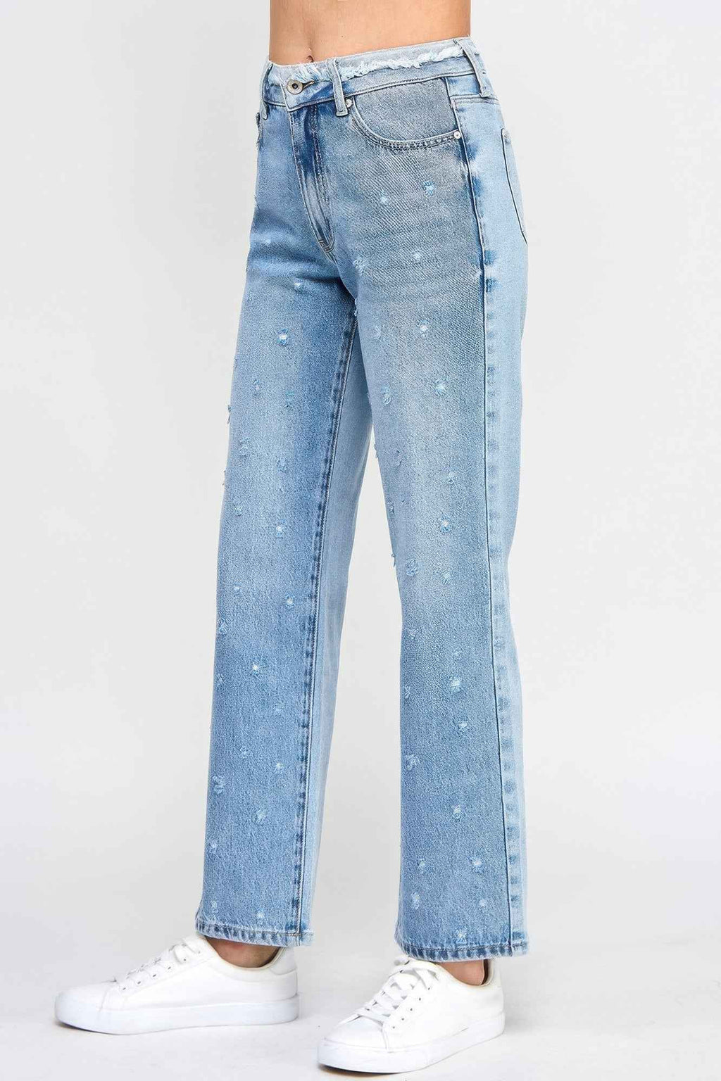 High Rise Dad Jeans W/ Fringe Waistband Detail