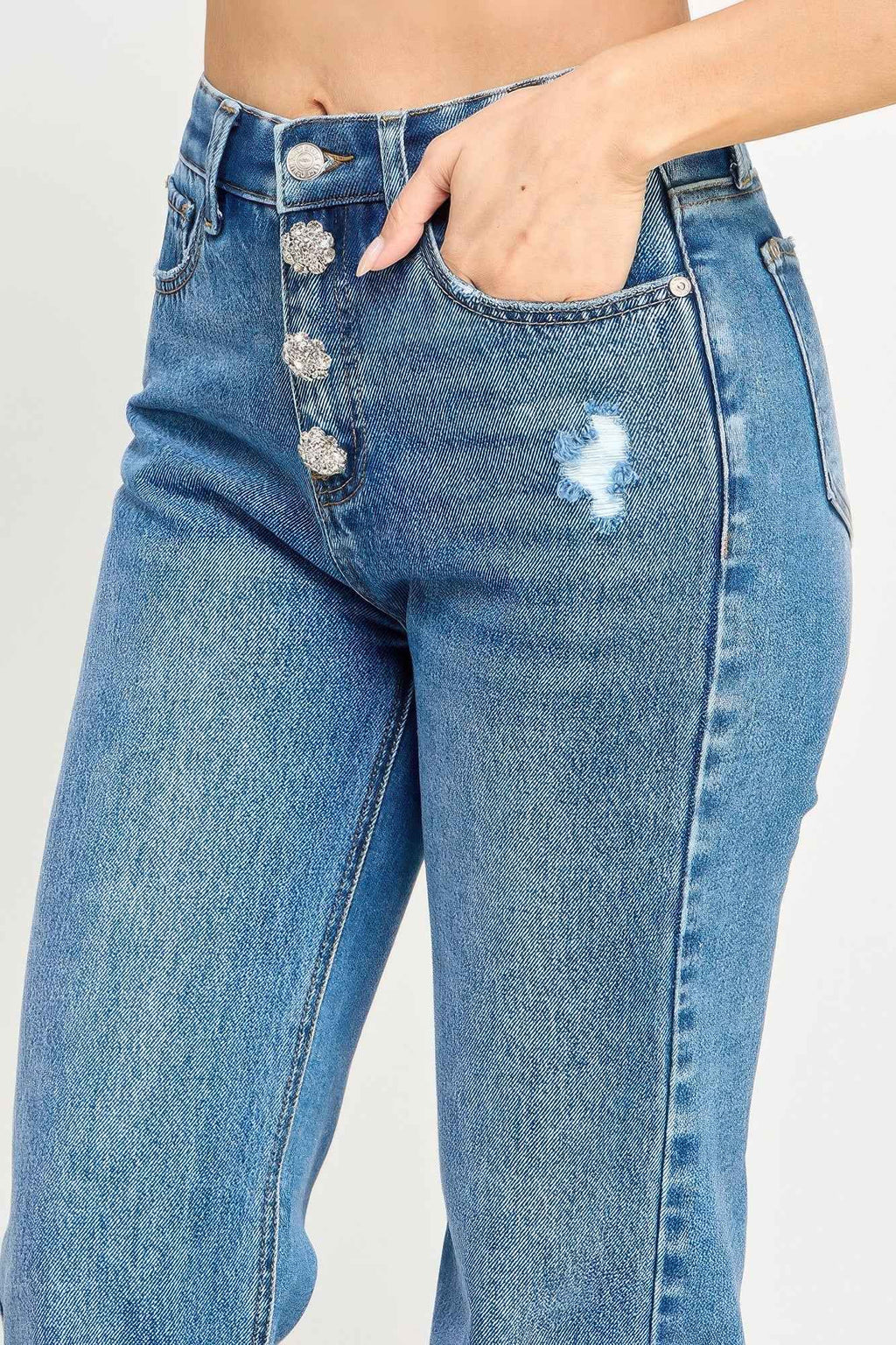 High Rise Dad Jeans W/ Fringe Waistband Detail