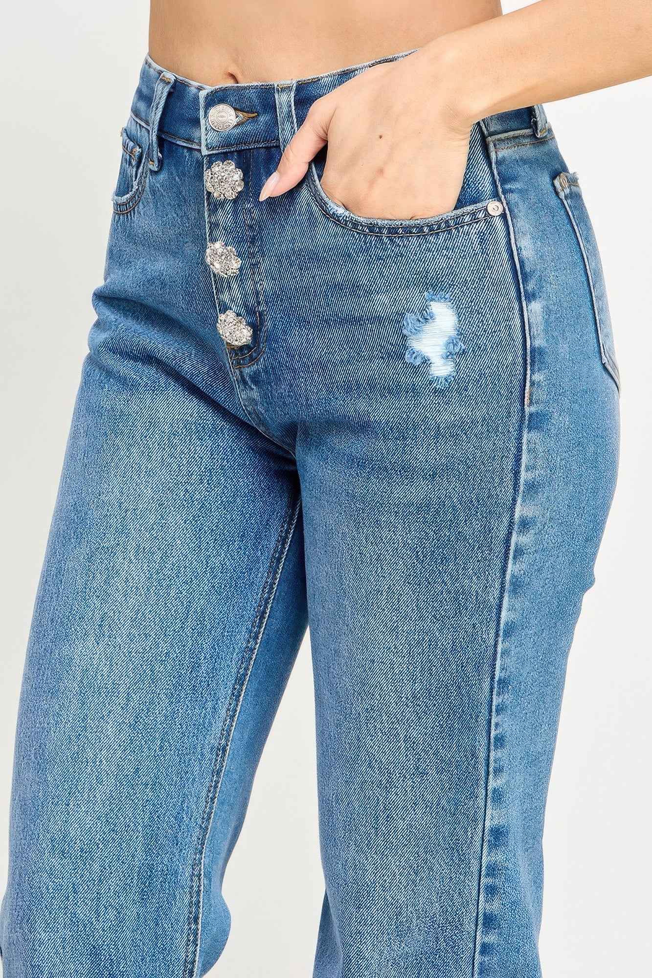 High Rise Dad Jeans W/ Fringe Waistband Detail