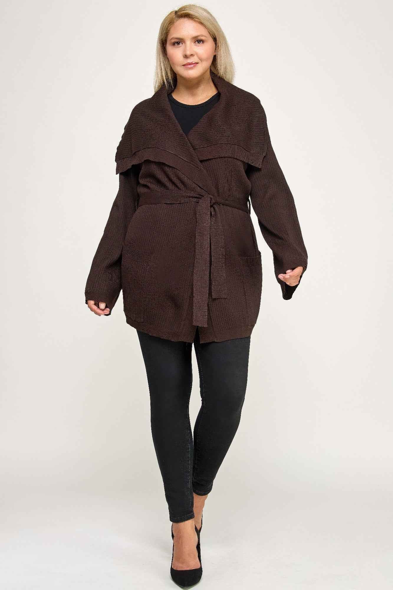 Plus Size Ribbed Wrap Cardigan With Waist Belt