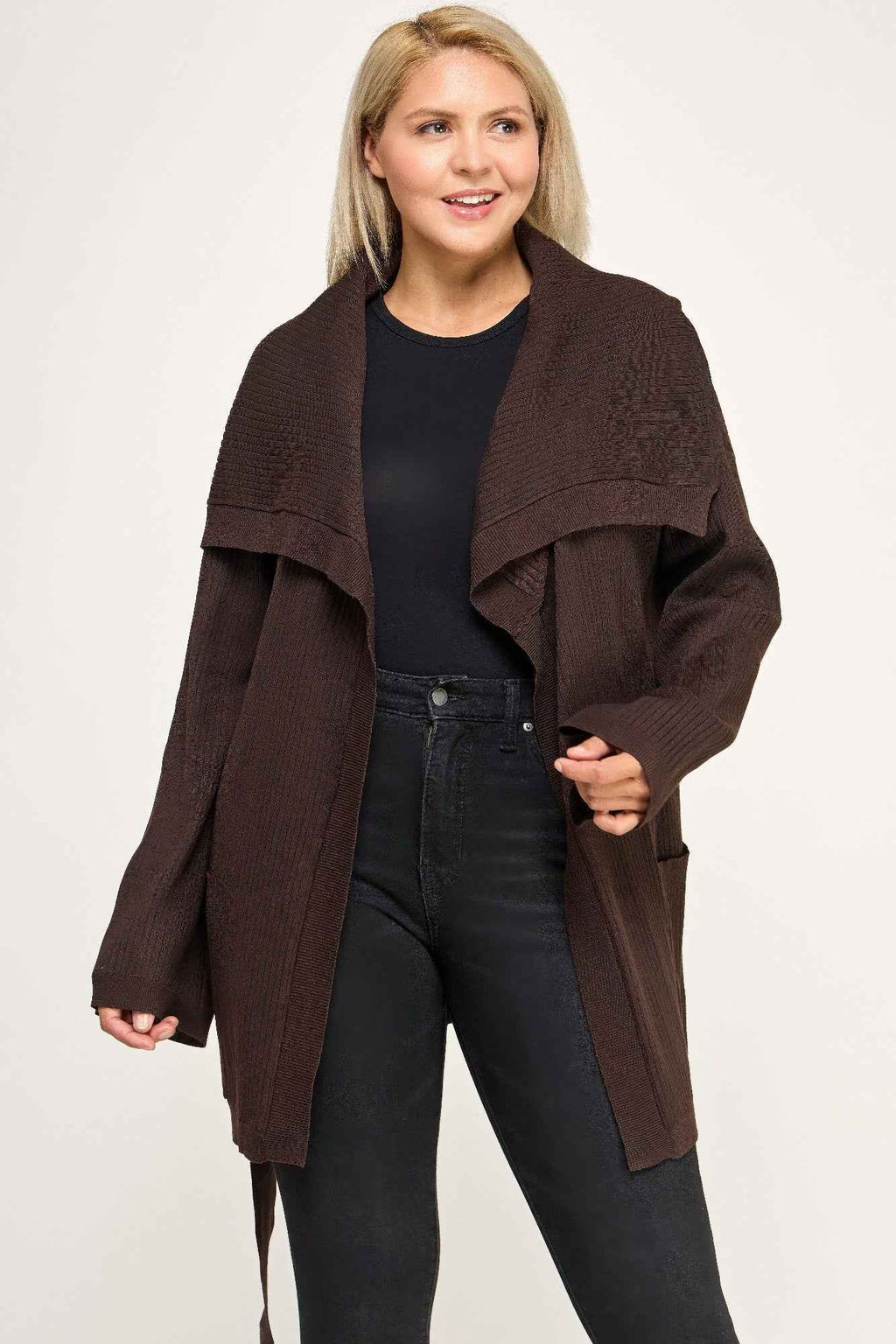 Plus Size Ribbed Wrap Cardigan With Waist Belt