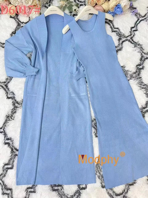 Fashion women's knitted long sleeved cardigan sleeveless dress long casual knitted two-piece set