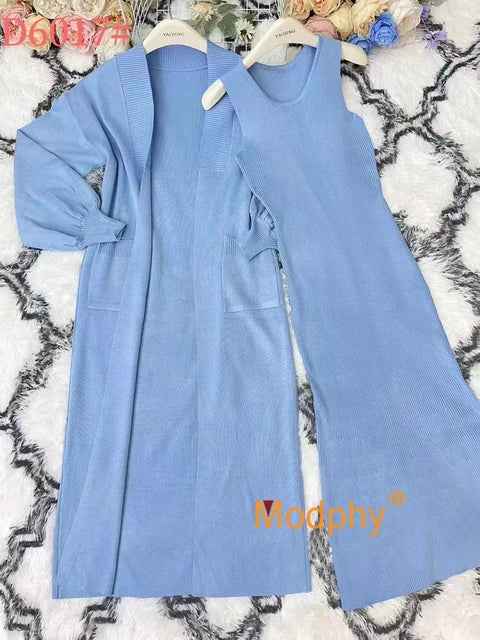 Fashion women's knitted long sleeved cardigan sleeveless dress long casual knitted two-piece set
