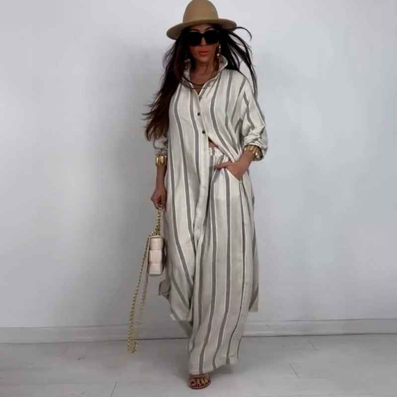 Elegant and sexy V-neck top+printed wide leg pants two-piece set