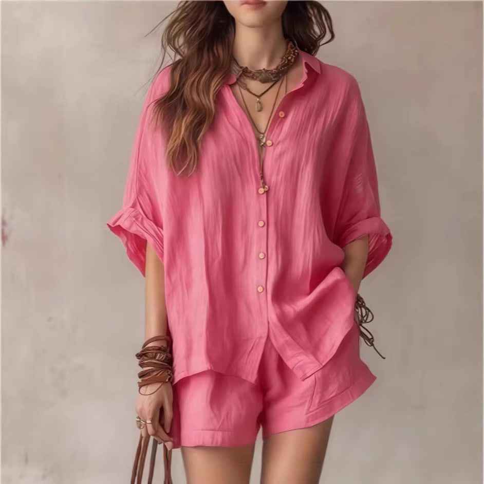 Solid color loose breasted shirt shorts casual set