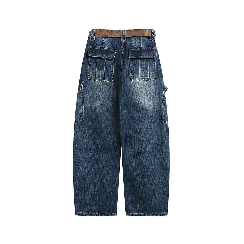 Multi-Pocket Loose Straight Leg Wide Leg Washed Cargo Denim Pants