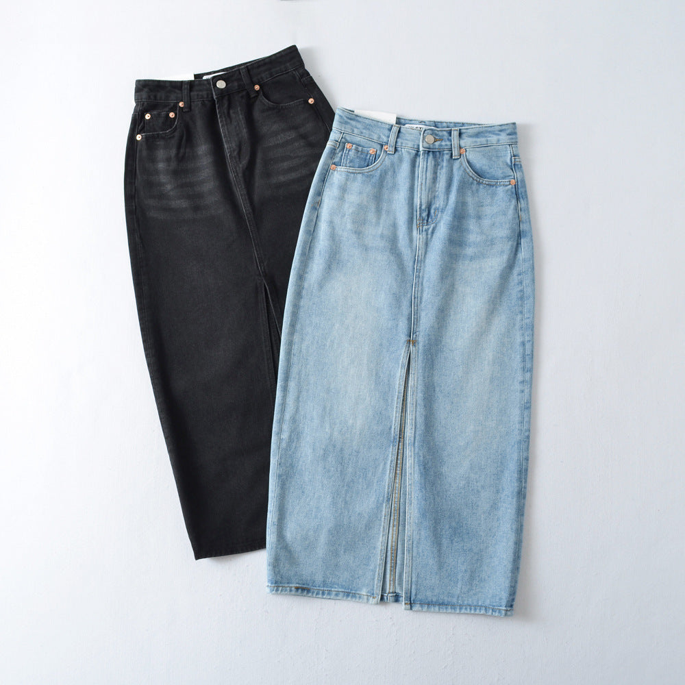 High waisted hip hugging mid length skirt