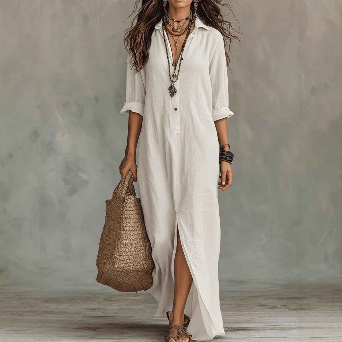 Summer Casual Solid Color Turn-Down Collar Front Slit Long Dress