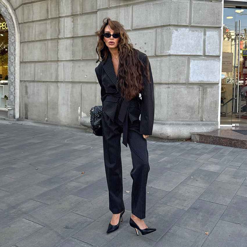 Long sleeved slim fit strap mid waist pencil pants versatile suit set