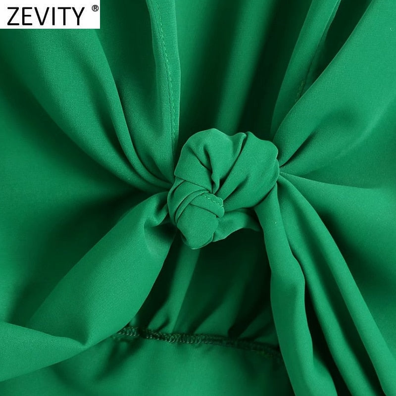 Zevity Women Fashion Turn Down Collar Knotted Green Color Short Smock Blouse Female Long Sleeve Slim Shirt Chic Crop Tops LS9465 eprolo