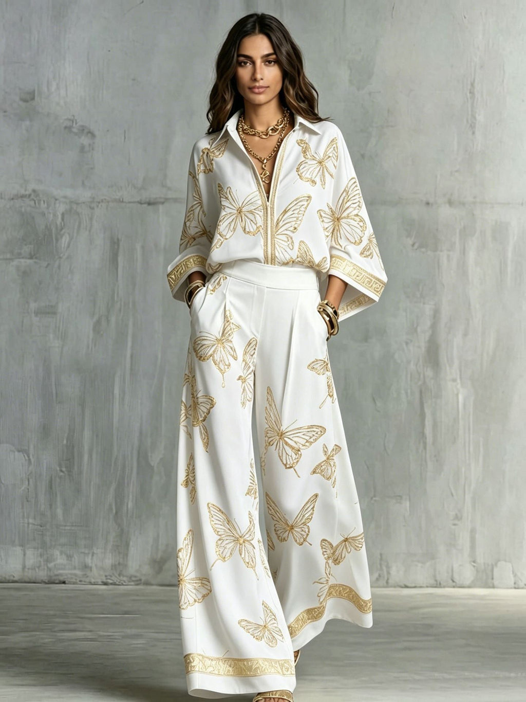 Style Women's Retro Printed Sexy Deep V Neck Loose Zipper Top with Wide Leg Pants Two-Piece Set eprolo