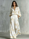 Style Women's Retro Printed Sexy Deep V Neck Loose Zipper Top with Wide Leg Pants Two-Piece Set eprolo
