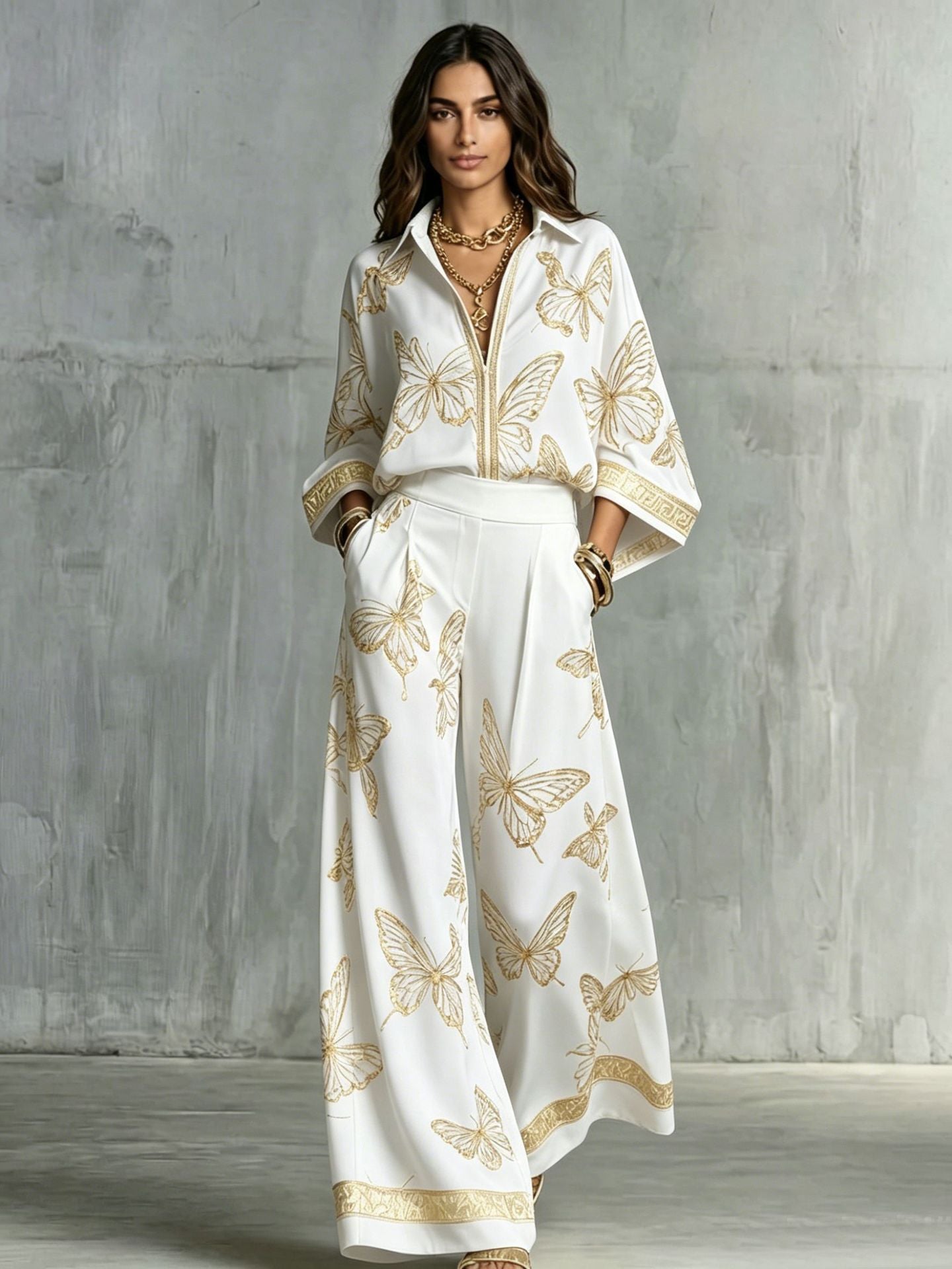 Style Women's Retro Printed Sexy Deep V Neck Loose Zipper Top with Wide Leg Pants Two-Piece Set eprolo