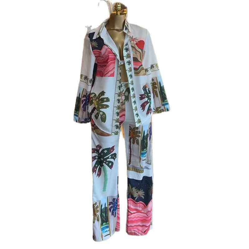 Printed long sleeved shirt, bra, suspender, wide leg pants, three piece set
