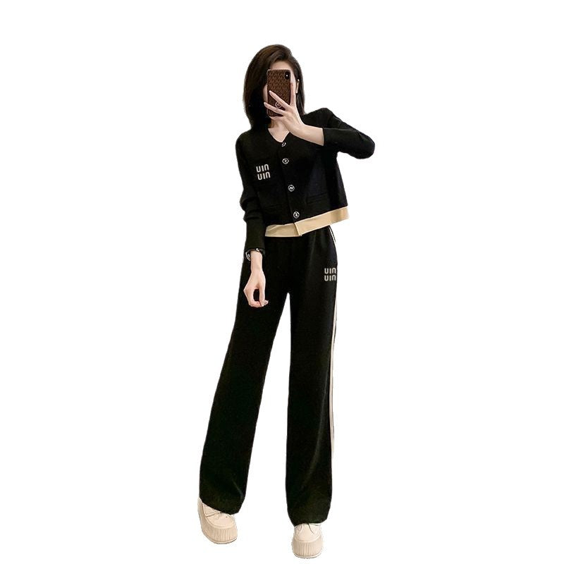 Color Block Open Cardigan Wide Leg Pants Two-Piece Set for Women