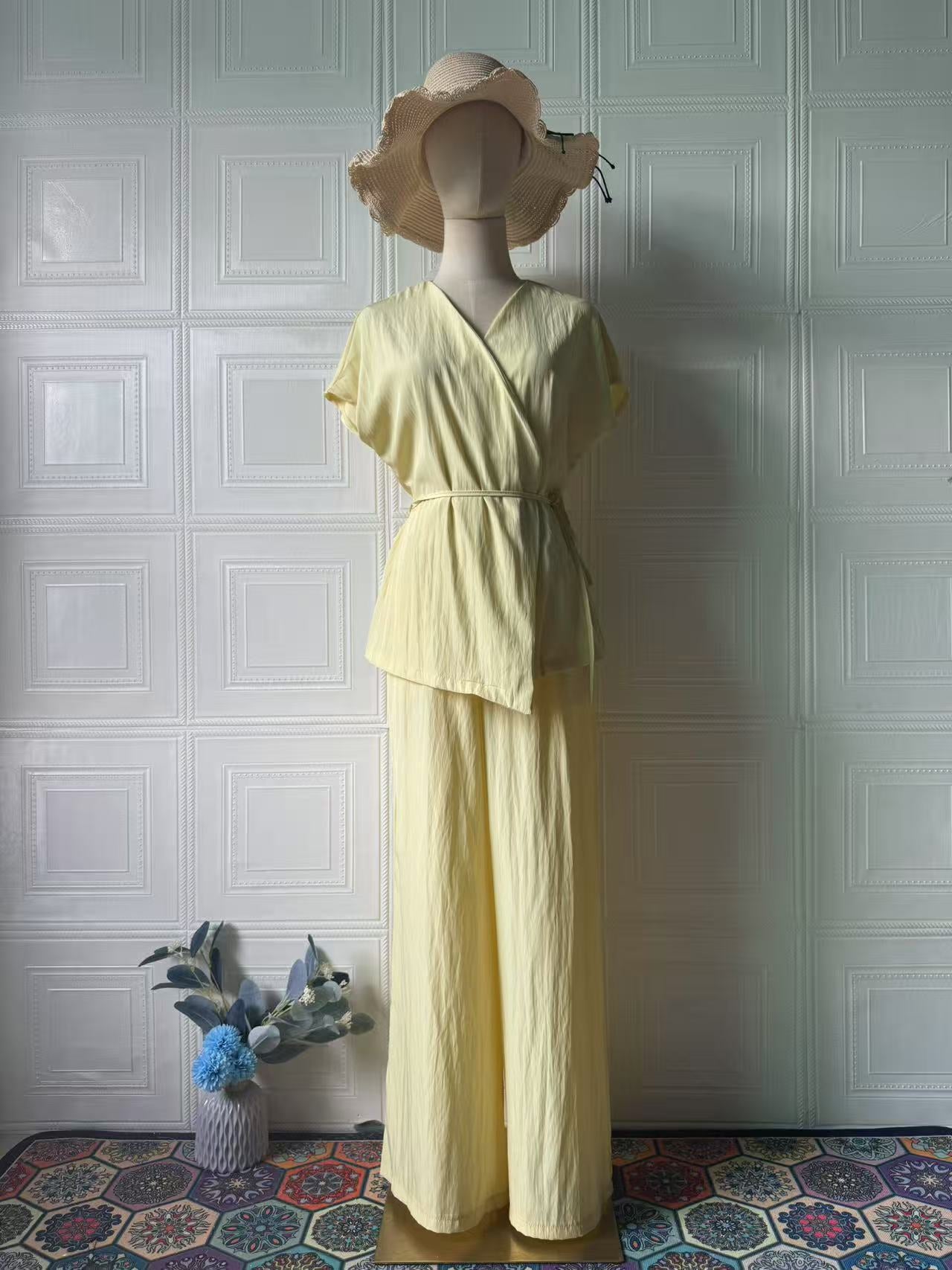 V-neck Set Fashion Sexy New Design Summer Casual Short Sleeve Long Pants