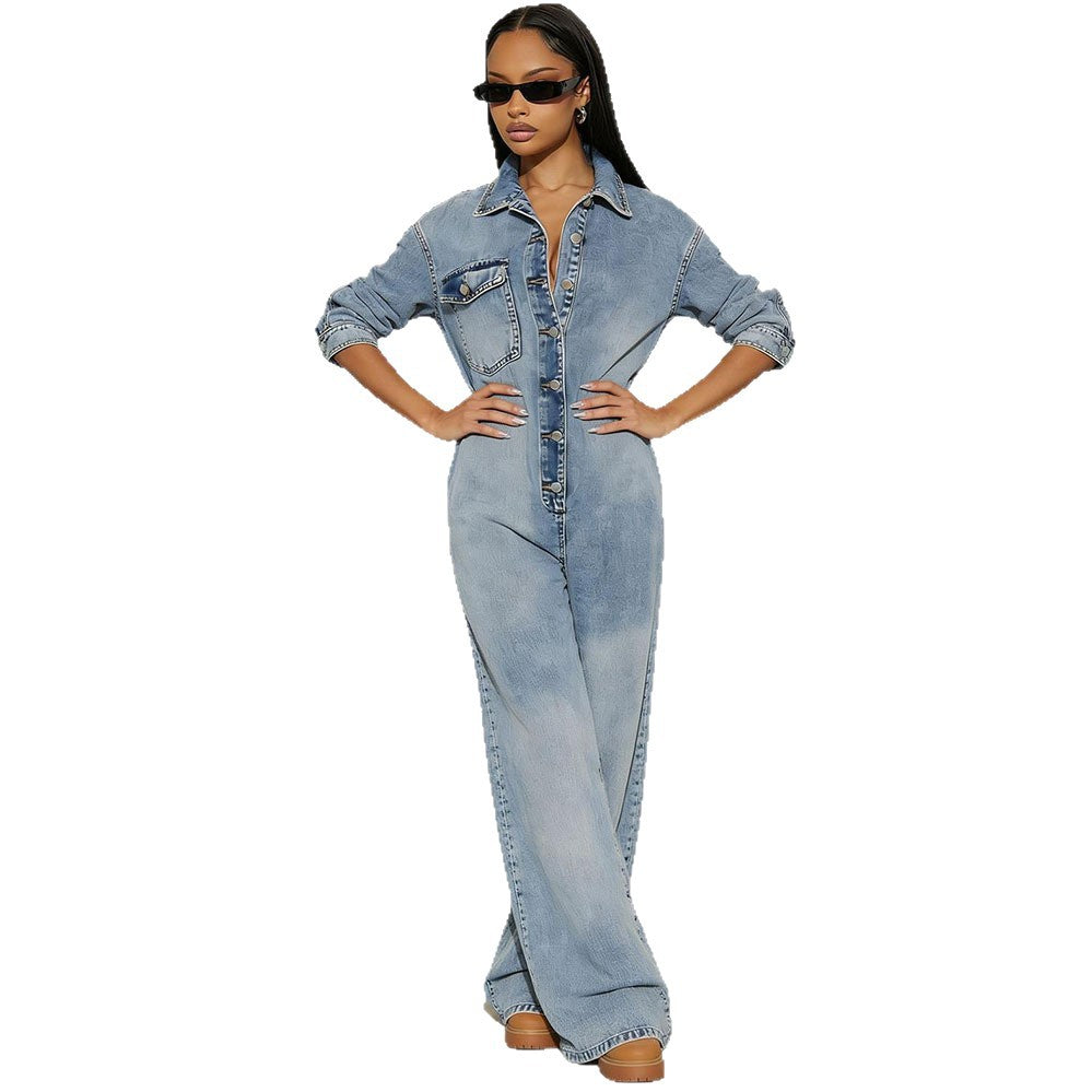Women's Denim Jumpsuit with Button Front Long Sleeve Bodysuit