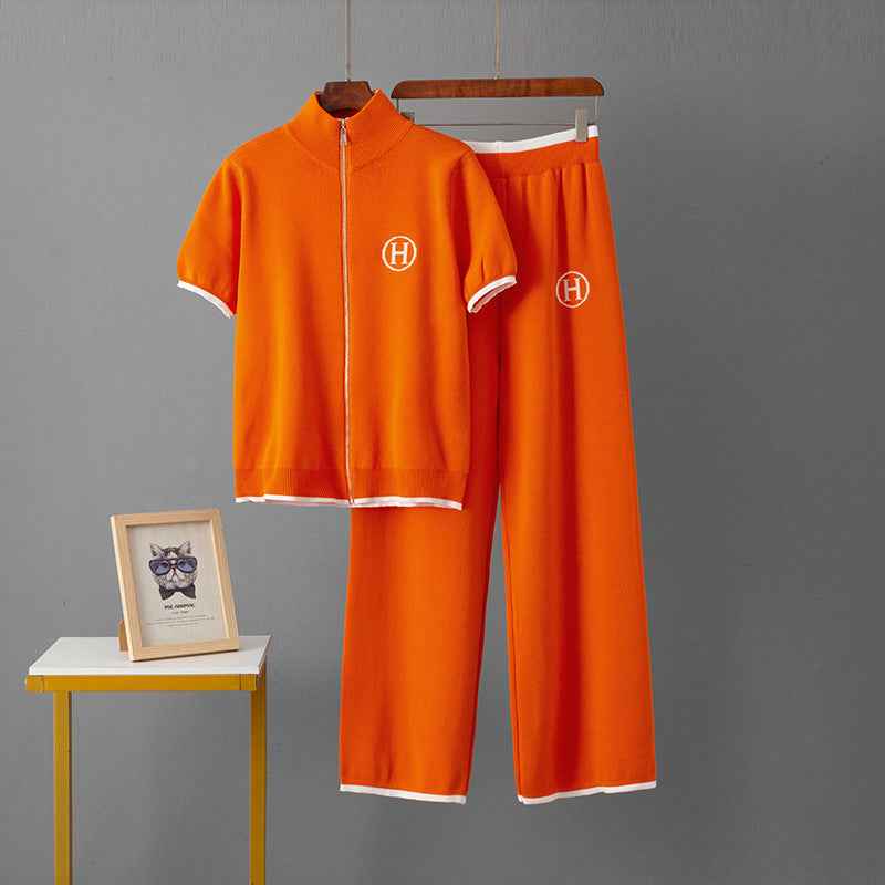Zipper short sleeved top+sports wide leg pants two-piece set for women