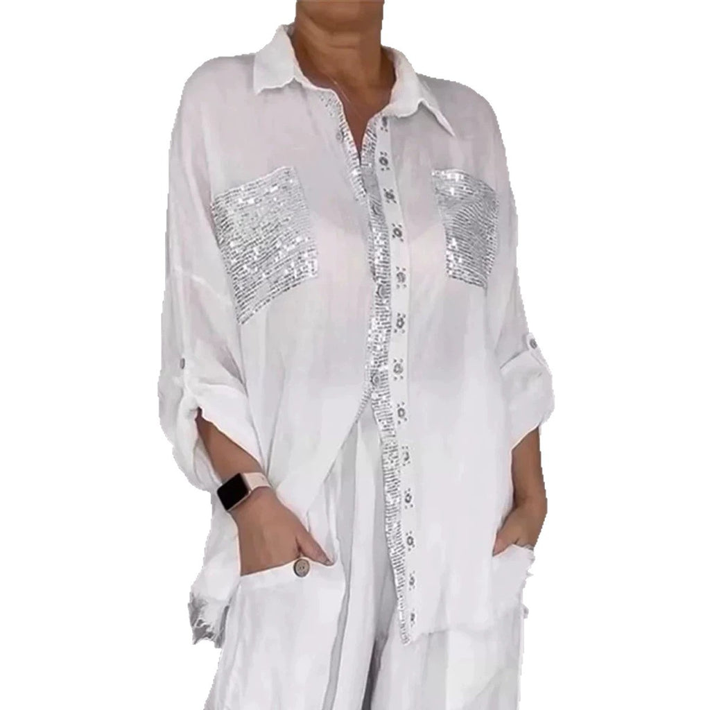 New Fashion Casual Women's Set with Pocket Placket and Gold Embellished Round Neck Design