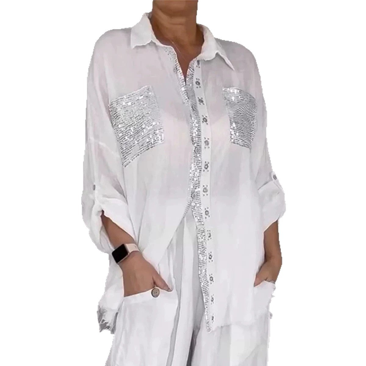 New Fashion Casual Women's Set with Pocket Placket and Gold Embellished Round Neck Design