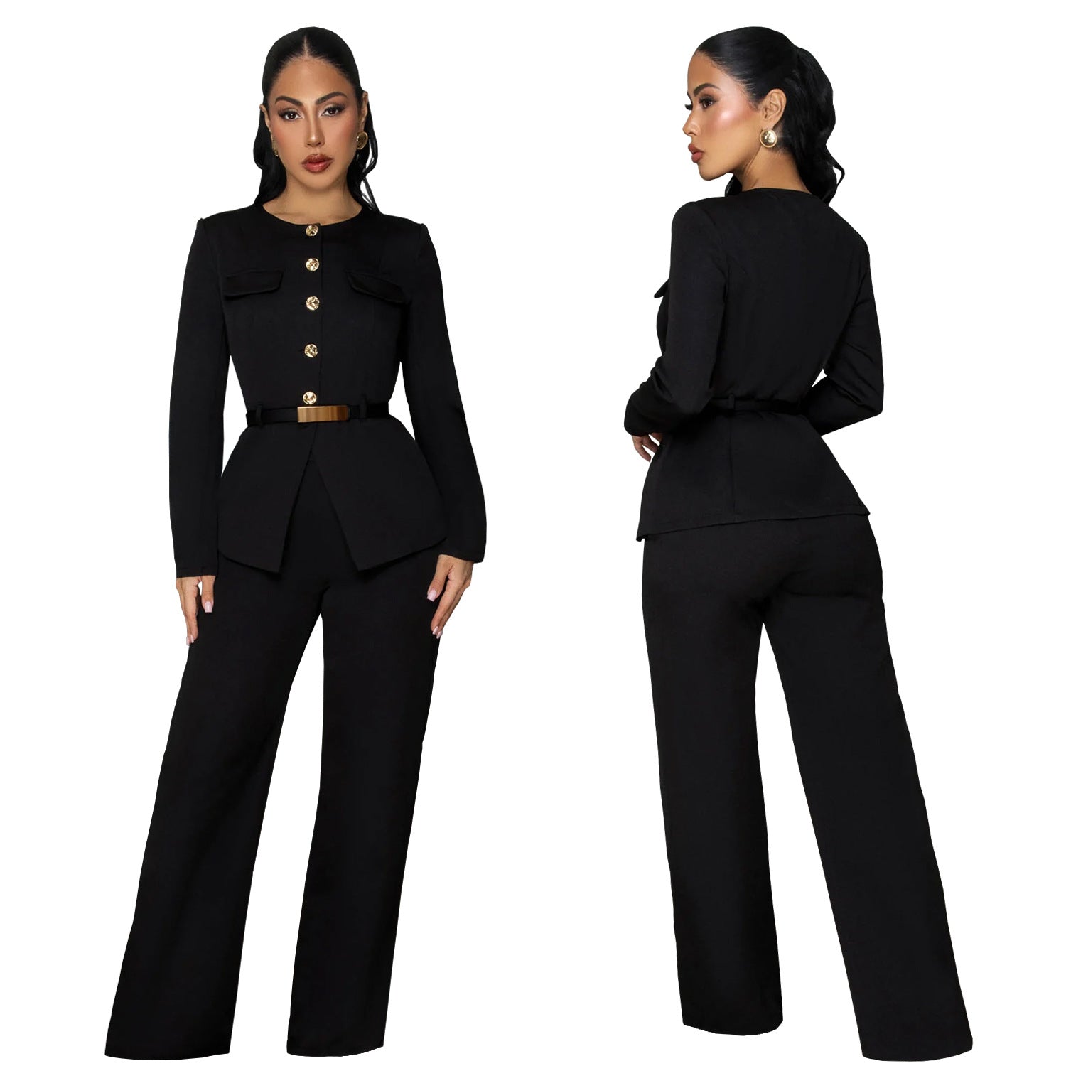 Fashionable Women's Slimming Belted Top and Pants Set