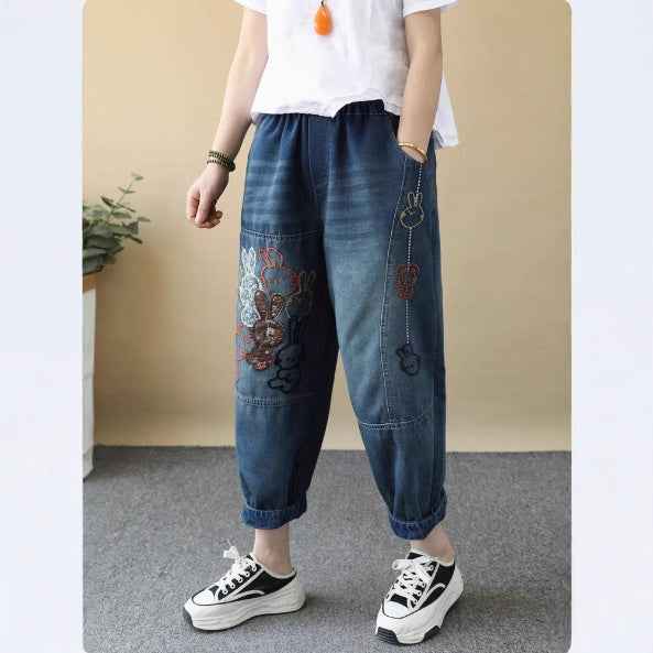 Vintage Cartoon Rabbit Embroidered Denim Pants Women Loose Plus Size Floral Embroidery Nine-Point Calf-Length Wide-Leg Trousers Thin Style