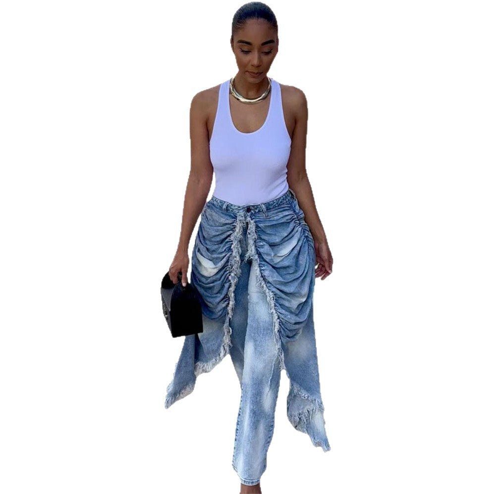 High-Waist Jeans for Women, Fashionable and Unique Pleated Brushed Edge Straight Leg Pants eprolo