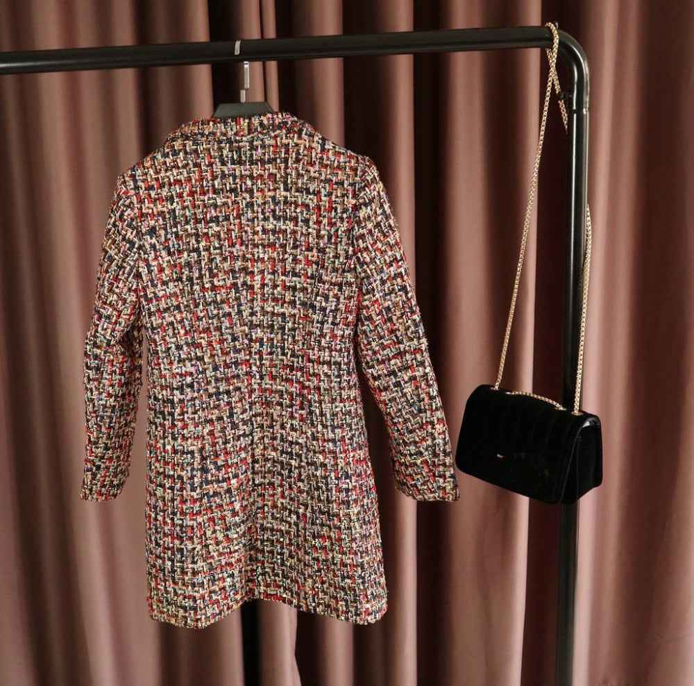 Runway Tweed Set Turn-Down Collar multicolor Plaid Long Coat and short pant Set for Women 2 piece shorts Set