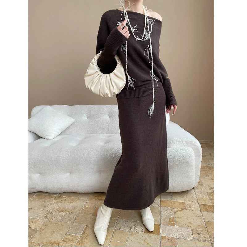 French-style Batwing Sleeve Off-Shoulder Knit Sweater and Skirt Two-Piece Set