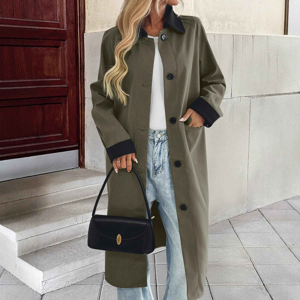 Long single breasted lapel color blocked trench coat for women