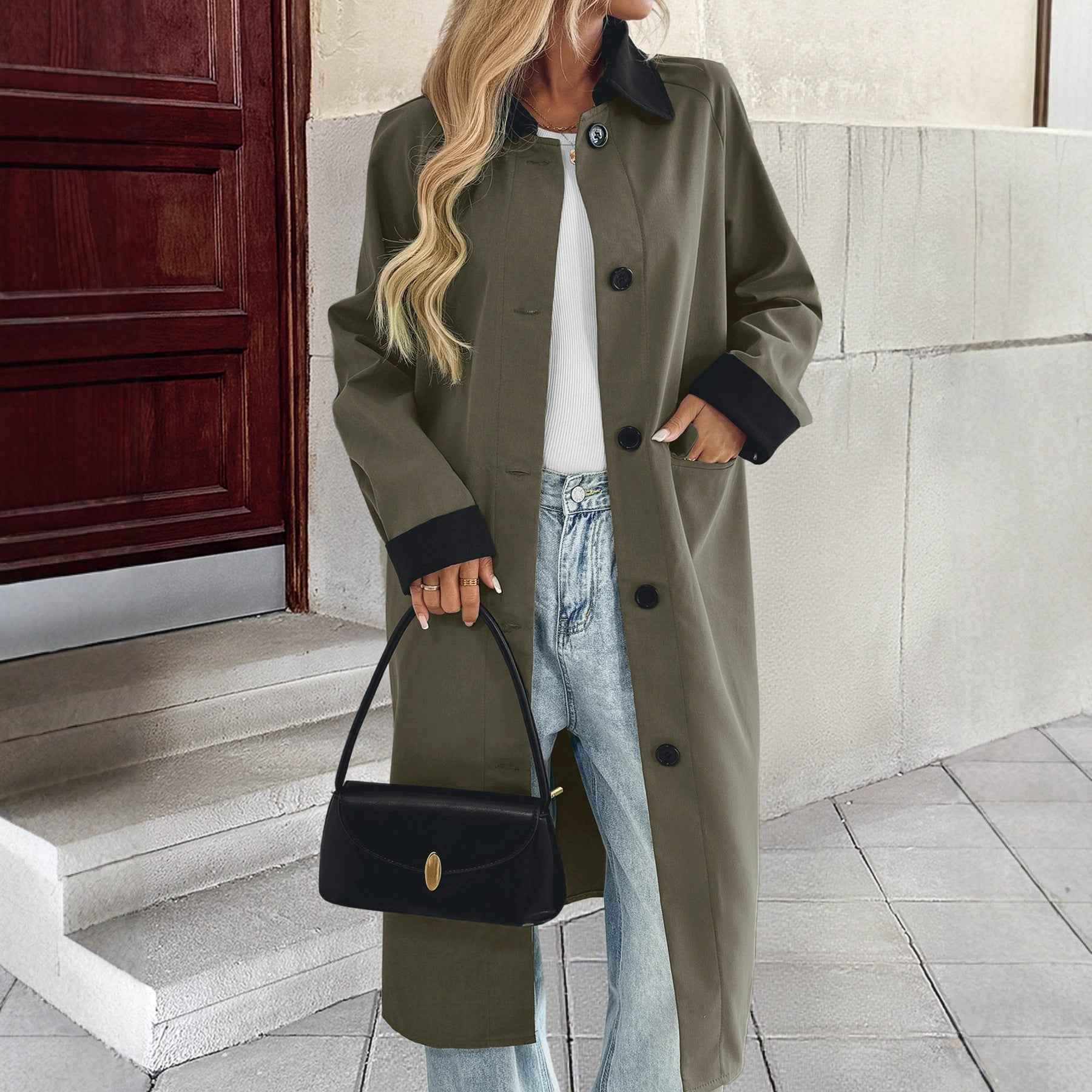 Long single breasted lapel color blocked trench coat for women