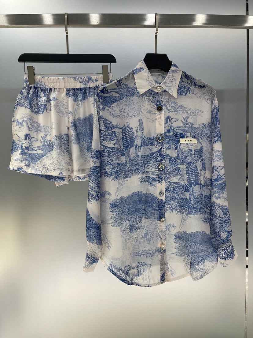Ink painting, landscape painting, printing, lazy sun protection, high-end shirt+shorts, two piece set in blue