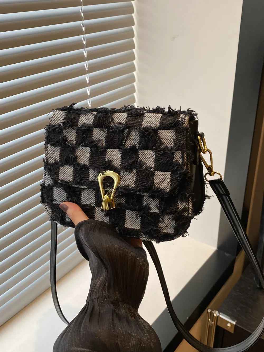 Checkered Raw Hem Adjustable Strap Crossbody Bag
