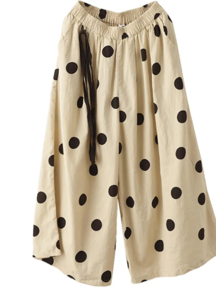 Spring Summer Cotton and Linen Pants Women New Elastic Waist Loose Casual Dot Wide Leg Trousers Female Retro Pants eprolo