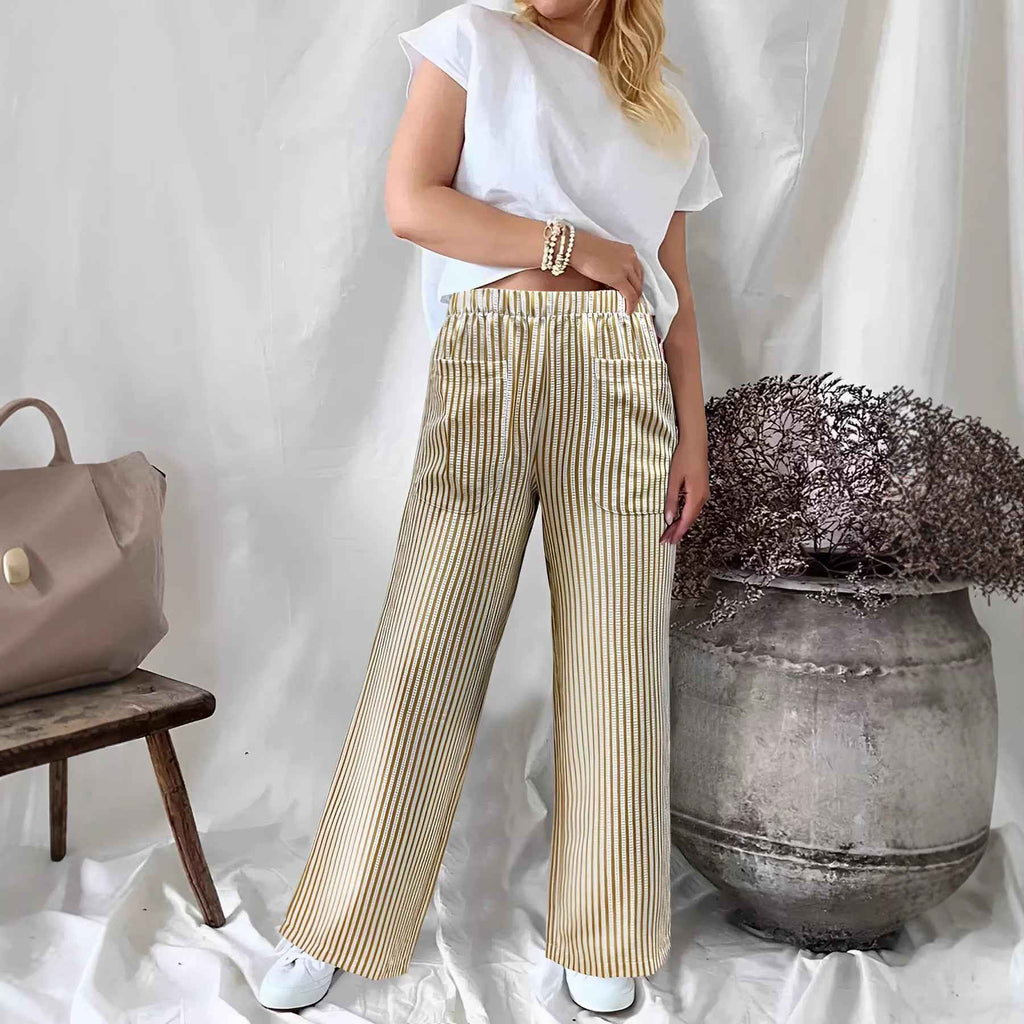 Fall Winter New Women's Loose Striped Pocket Fashion Casual Wide Leg Pants